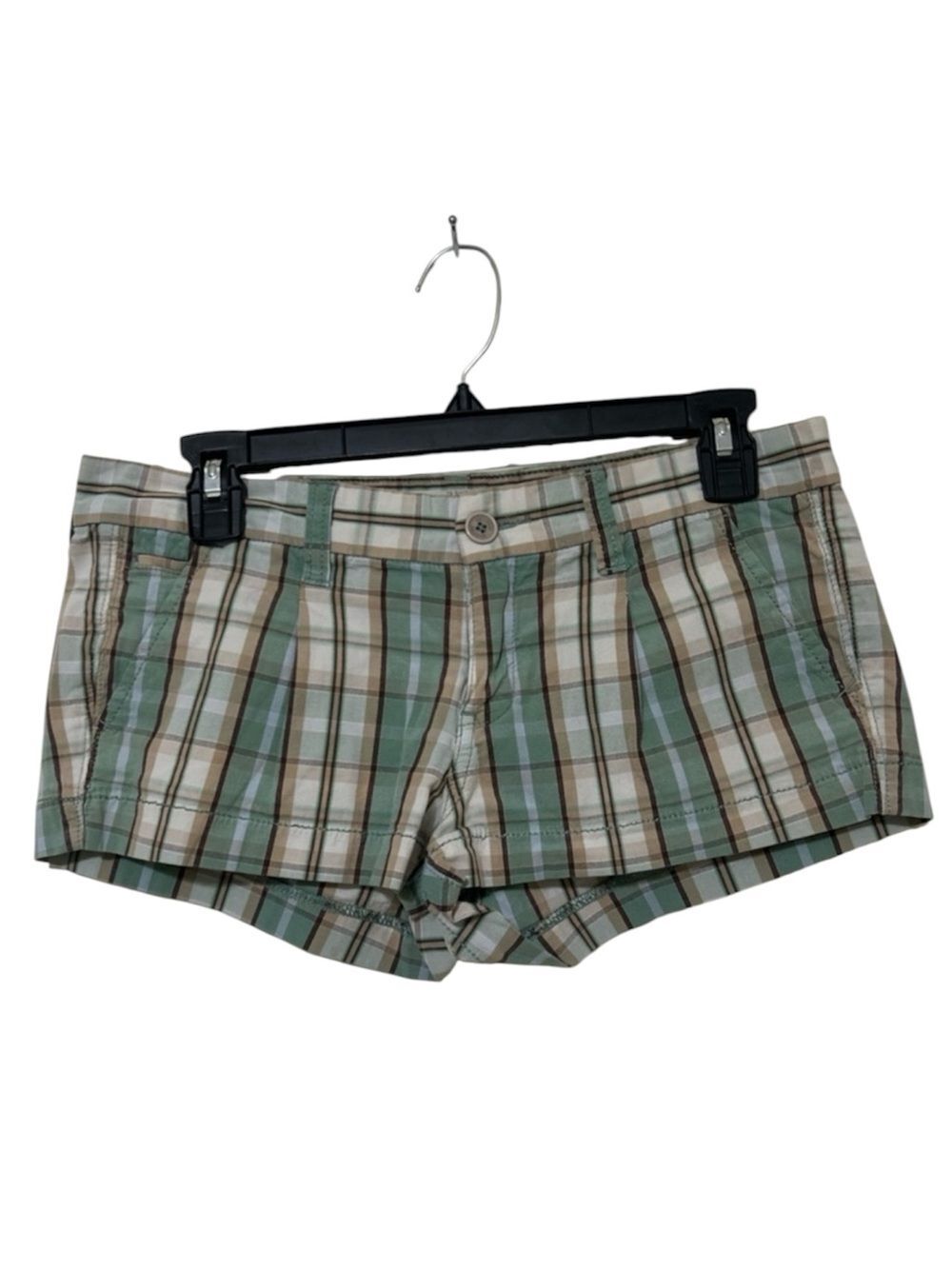 Y2K Hollister Low Rise Plaid Micro Mini Shorts Green Beige Size 3 Vintage 2000s